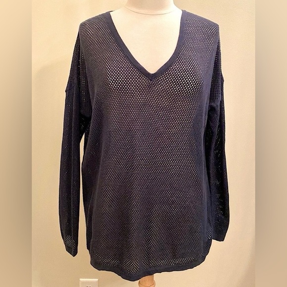 Gap Navy Blue Mesh V-Neck Semi Sheer Long Sleeve Lounge 100% Cotton Top Size XL - Picture 1 of 11